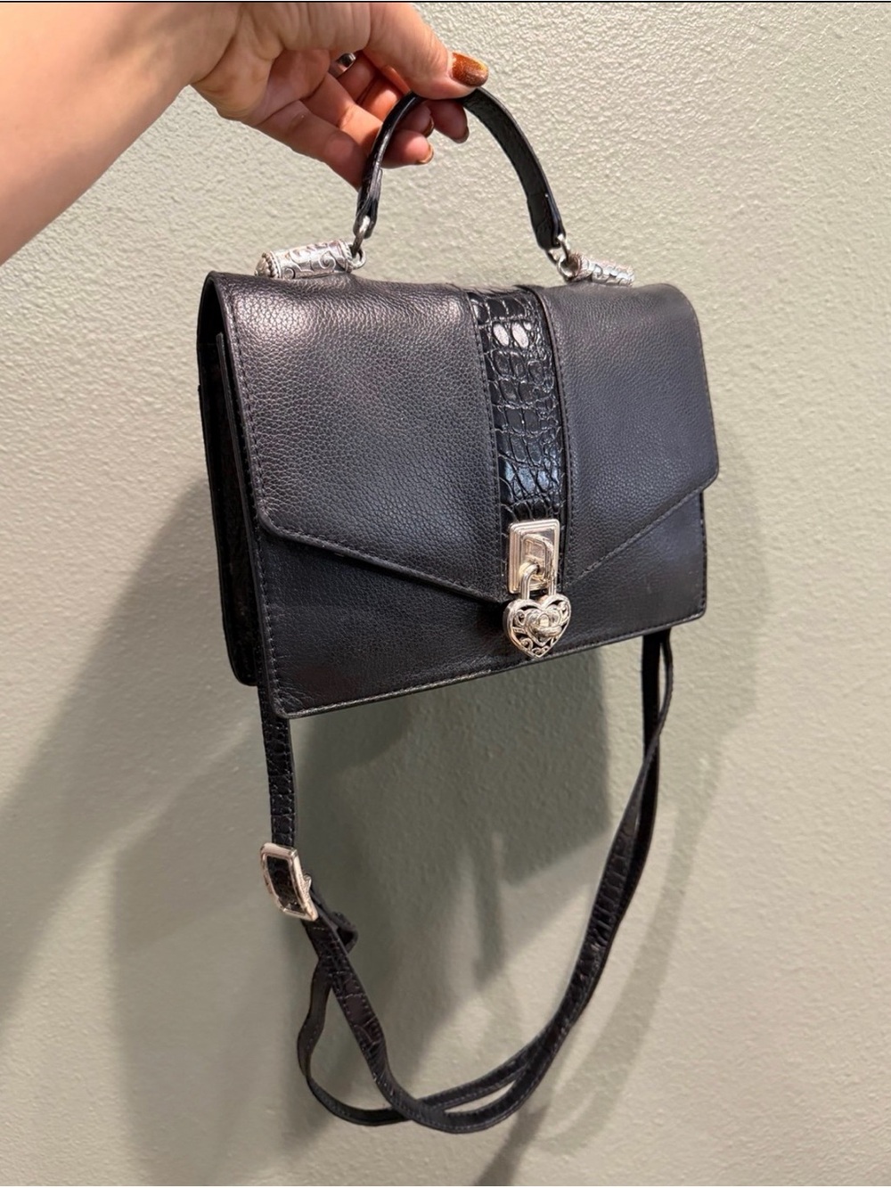 Brighton Black Leather Top-Handle Crossbody with Heart Lock